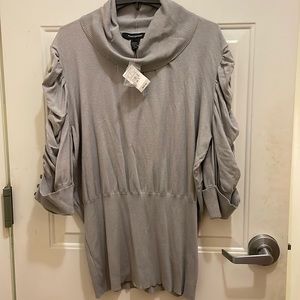 ASHLEY STEWART:NWT,Size 26 grey rouched sleeves cowlneck sweater,Rayon/Polyester